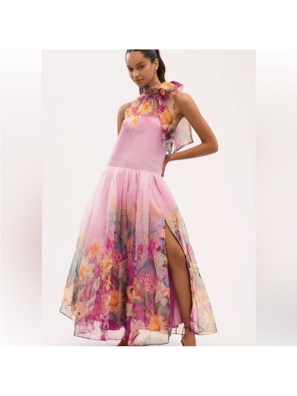 NWT Anthropologie BHLDN Kendall Pink Floral High Neck Scarf Maxi Dress small